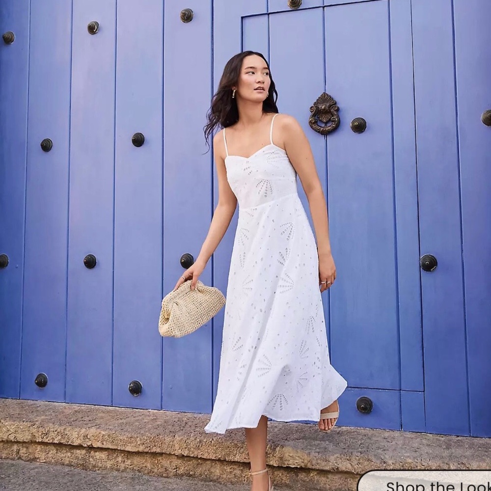 LOFT NWT White Shell Eyelet Cotton Smocking Spaghetti Strap Midi Dress Size 14 - Picture 2 of 10